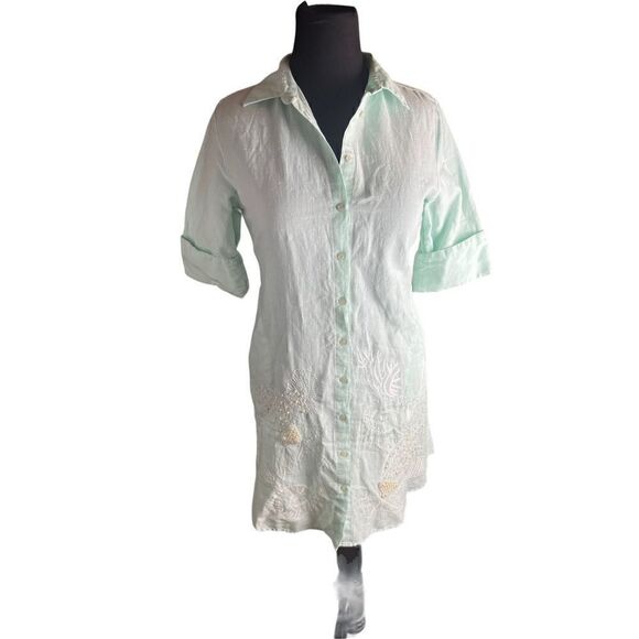 Soft surroundings linen blend blue green seashell embellished button dress small - Picture 6 of 11